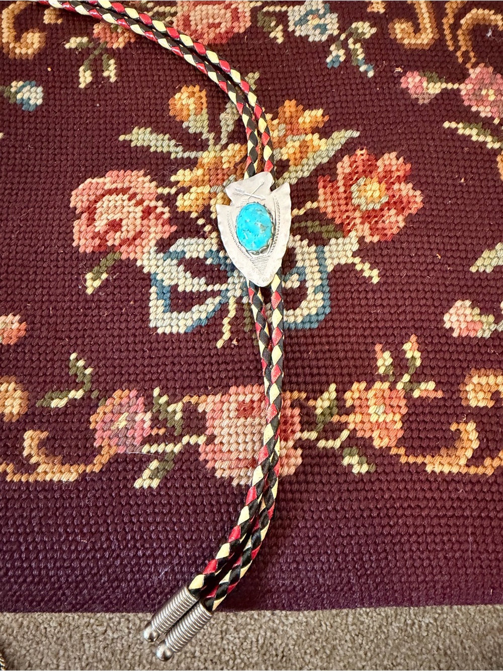 Braided Leather Bolo Tie with Arrowhead Slide And Turquoise Cabochon